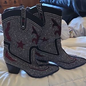 Women's Black and Red Studded Western Boots